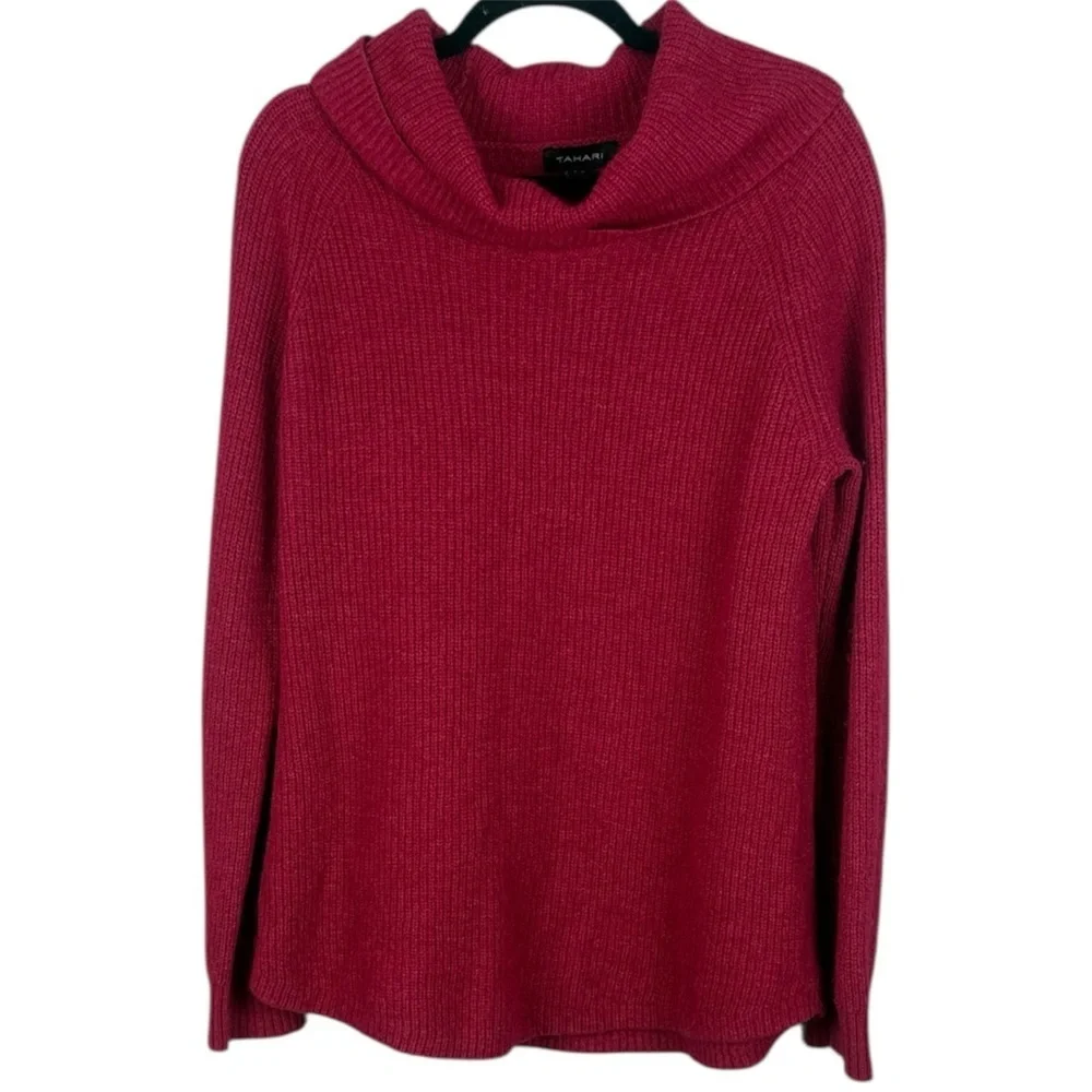Tahari Merino Wool Cotton Blend Hot Pink Cowl Neck Long Sleeve Knit Sweater - Picture 1 of 9